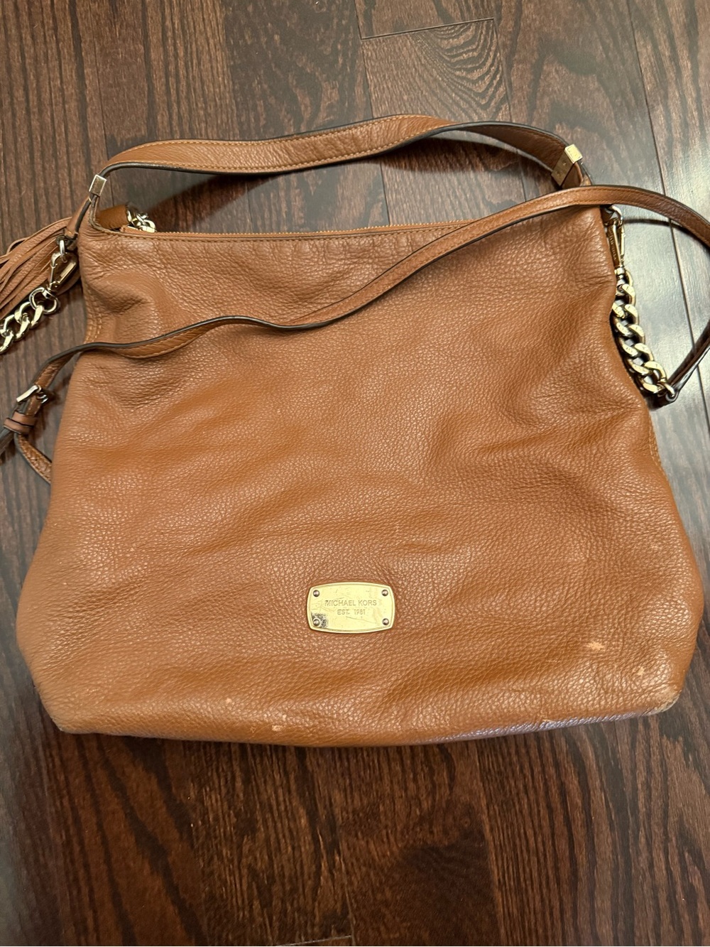 Michael Kors Cognac Pebbled Leather Shoulder Bag with Gold Chain Accents